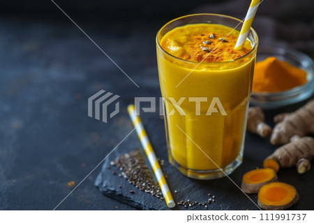 Close up fresh blended fruit turmeric smoothie in drinking glass on black background 111991737
