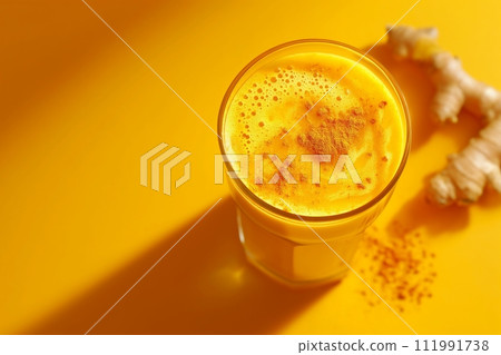 Close up fresh blended fruit turmeric smoothie in drinking glass on yellow background 111991738