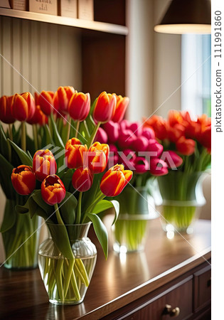 Colorful bouquets of tulips in a flower shop - fresh cut flowers in boxes and vases in a warehouse and racks for sale, delivery for the holiday. Spring, March 8, women's Day, birthday. AI generated Colorful bouquets of tulips in a flower shop - fresh cut flowers in boxes and vases in a warehouse and racks for sale, delivery for the holiday. Spring, March 8, women's Day, birthday. AI generated 111991860