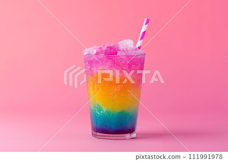 A colorful rainbow slushy drink with a pink straw, against a pink background A colorful rainbow slushy drink with a pink straw, against a pink background 111991978