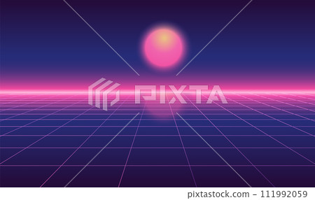 Abstract futuristic horizontal landscape with sun in vintage 1980s style. Vector illustration background . 80s Retro Sci-Fi smooth backdrop. Abstract futuristic horizontal landscape with sun in vintage 1980s style. Vector illustration background . 80s Retro Sci-Fi smooth backdrop. 111992059