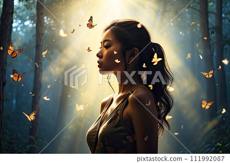 Asian woman in a magical misty forest surrounded by butterflies in a ray of light - enjoyment of nature, beauty, feminine energy, femininity, magical radiance, unity with nature. AI generated Asian woman in a magical misty forest surrounded by butterflies in a ray of light - enjoyment of nature, beauty, feminine energy, femininity, magical radiance, unity with nature. AI generated 111992087