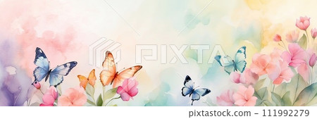 Pastel color butterflies on delicate spring flowers in a field with a space for text. Spring time. AI generated 111992279