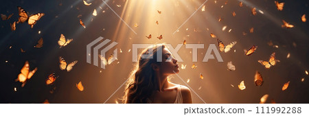 A woman in a magical misty light surrounded by butterflies in a ray of light - enjoyment of nature, beauty, feminine energy, femininity, magical radiance, unity with nature. AI generated 111992288