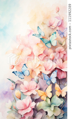 Pastel color butterflies on delicate spring flowers in a field with a space for text. Spring time. AI generated 111992289