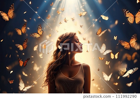 A woman in a magical misty light surrounded by butterflies in a ray of light - enjoyment of nature, beauty, feminine energy, femininity, magical radiance, unity with nature. AI generated 111992290