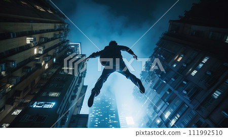Young man jumps from the roof, Parkour or base jumping trick of an action stuntman. Generated AI. 111992510