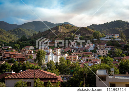 Picturesque view on Galata village with the Panagia Odigitria Church in the mioddle. Troodos mountain range. Nicosia District, Cyprus 111992514