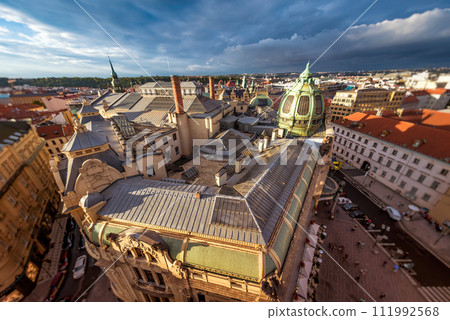 Art Nouveau style Dome of the Municipal House (Obecni dum). Republic Square (Namesti Republiky), Prague, Czech Republic 111992568