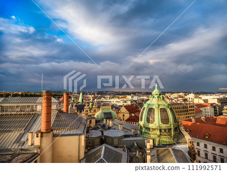Prague rooftops and Obecni Dum (Municipal House), view from Poder Tower. Czech Republic Prague rooftops and Obecni Dum (Municipal House), view from Poder Tower. Czech Republic 111992571