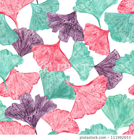 Seamless pattern with multicolor gingko leaf. Turquoise, pink, brown biloba leaves. Ornate isolated on white background. Ginkgo, palm, dry abstract fan leaves. Watercolor illustration of silhouettes 111992653