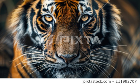 Intense close-up of a wild tiger's piercing gaze, exuding power and grace 111992707