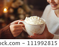 AI-generated content. White beautiful cup with a hot drink and whipped cream in children's hands 111992815