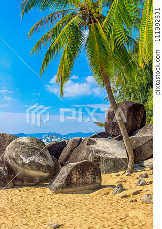 View of large stones, boulders and palm trees on the shore of the South China Sea. Sanya, China. View of large stones, boulders and palm trees on the shore of the South China Sea. Sanya, China. 111992831