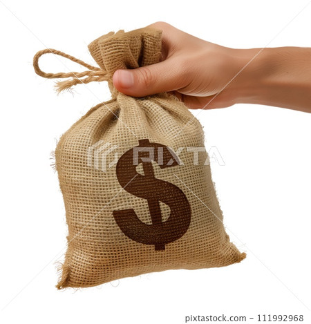 AI-generated content. Cloth money bag in hand, side view, isolated on white or transparent background. Close-up of hand holding money bag, with a dollar sign. Financial concept. Design element AI-generated content. Cloth money bag in hand, side view, isolated on white or transparent background. Close-up of hand holding money bag, with a dollar sign. Financial concept. Design element 111992968