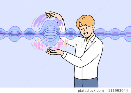 Man stands near energy wave, demonstrating results of scientific experiments on physical phenomena Man stands near energy wave, demonstrating results of scientific experiments on physical phenomena 111993044