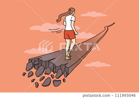 Woman runs along crumbling path, for concept of overcoming problems and escaping from crisis Woman runs along crumbling path, for concept of overcoming problems and escaping from crisis 111993046