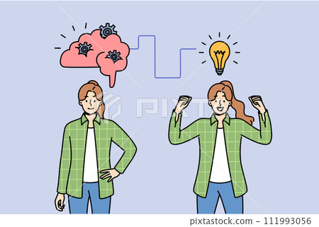 Woman is developing production plan and rejoices having come up with new talent idea 111993056