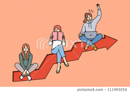 Personal development of woman getting good internet job by reading books, sitting on growing graph 111993058