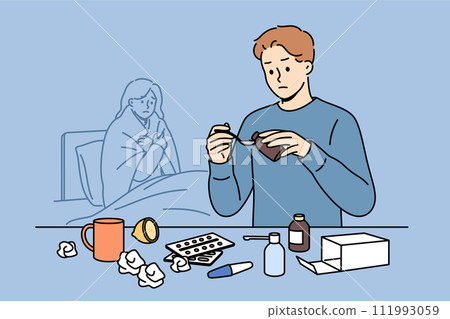 Man helps woman recover by pouring medicinal syrup, standing near bed with sick wife Man helps woman recover by pouring medicinal syrup, standing near bed with sick wife 111993059