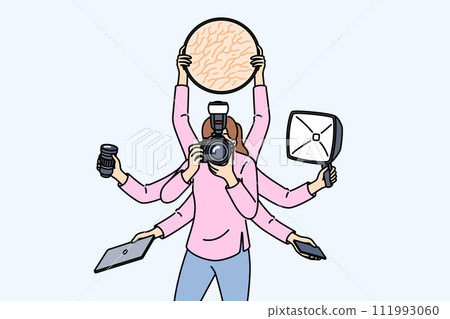 Multi-armed woman photographer does several things at same time due to lack of assistant Multi-armed woman photographer does several things at same time due to lack of assistant 111993060