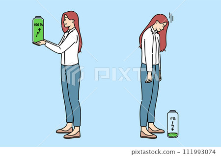 Woman with full battery energy feels exhausted and burnt out after day at office 111993074