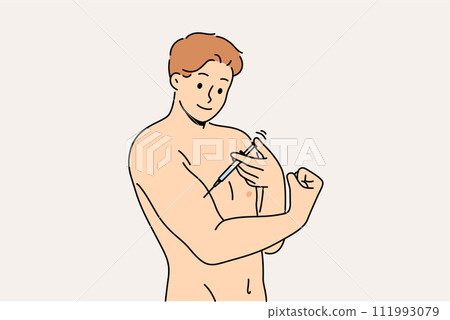 Man bodybuilder uses doping to quickly achieve results in sports, gives injection in biceps 111993079