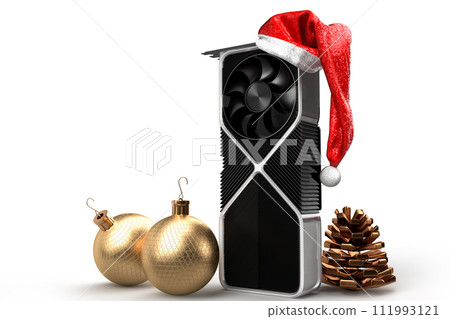 Festive PC graphic video card. Christmas concept. 3D Rendering 111993121