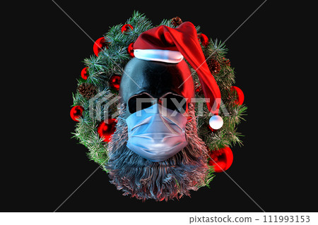 Skull of Santa Claus in medical mask with Christmas wreath on background. Christmas concept. 3D Rendering 111993153