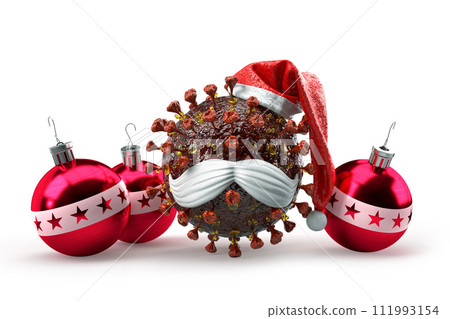SARSr-CoV virion as Santa Claus mascot with decorative Christmas balls. Pandemic Christmas concept. 3D Rendering 111993154