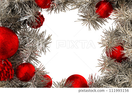 Frame formed with pine twigs and decorative red Christmas balls. Isolated. 3D Rendering 111993156