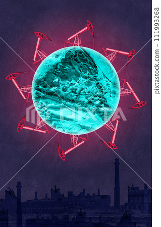 Funky collage with industrial oil rig. Art poster, template concept design or zine cover. Pump Jack. 111993268