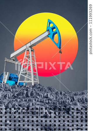 Funky collage with industrial oil rig. Art poster, template concept design or zine cover. Pump Jack. Funky collage with industrial oil rig. Art poster, template concept design or zine cover. Pump Jack. 111993269