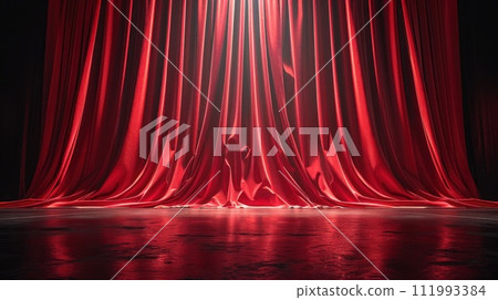 Abstract minimalistic theater stage background. There is no one on stage. The red velvet curtains are drawn Abstract minimalistic theater stage background. There is no one on stage. The red velvet curtains are drawn 111993384
