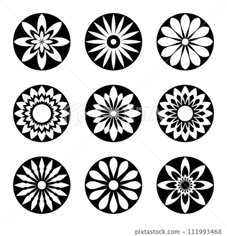 Set of Flowers Icons. Circle Radial Design Elements. Vector Art. 111993468