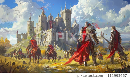 Ancient ruins whispering prophecies, knights in shining armor, castles standing tall against the orc hordes 111993667