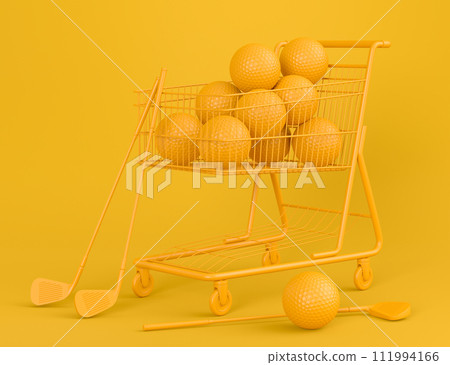 Set of ball like basketball, football and golf in shopping cart on monochrome Set of ball like basketball, football and golf in shopping cart on monochrome 111994166