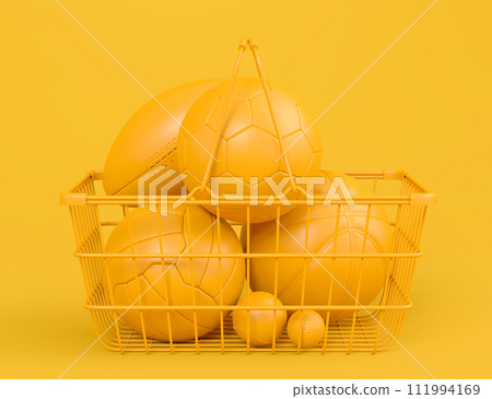 Set of ball like basketball, football and golf in shopping basket on monochrome Set of ball like basketball, football and golf in shopping basket on monochrome 111994169