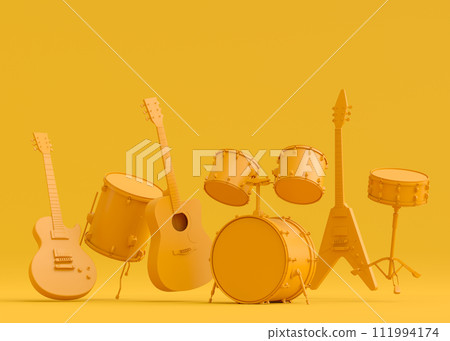 Set of electric acoustic guitars and drums with cymbals on monochrome background 111994174