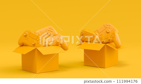 Set of gamer joysticks or gamepads in cardboard box on monochrome background Set of gamer joysticks or gamepads in cardboard box on monochrome background 111994176