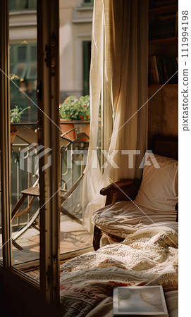 Luxury hotel room interior with big window, sofa and books 111994198