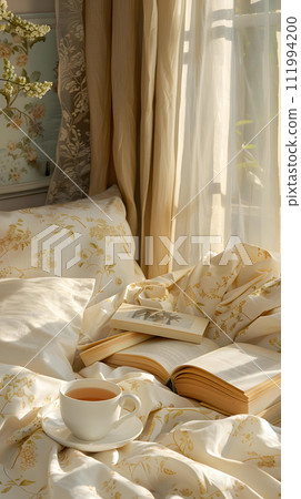 Cup of tea and books on the bed in the morning. 111994200