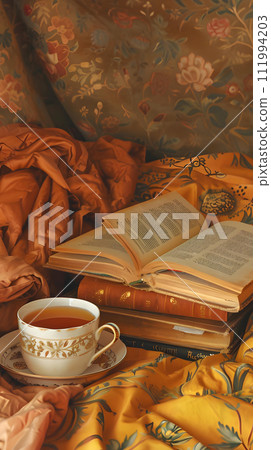 Cup of tea and book on the bed. Vintage style. 111994203