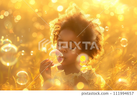 child blowing bubbles in grassy field 111994657