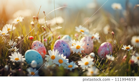 colorful easter eggs and daisys in grass 111994659