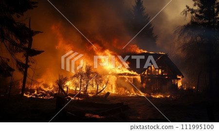 A small wooden village house is on fire in the middle of the forest with large copyspace area A small wooden village house is on fire in the middle of the forest with large copyspace area 111995100