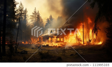 A small wooden village house is on fire in the middle of the forest with large copyspace area 111995103