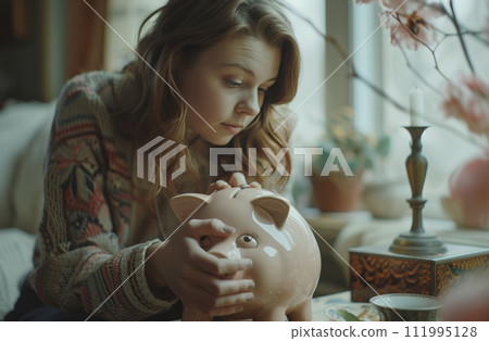 a woman is putting money into a piggy bank 111995128