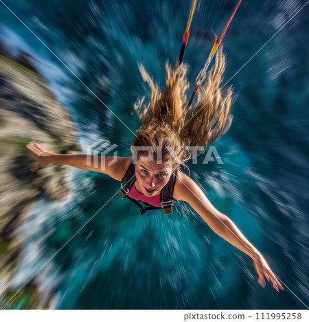 Adventure holiday. Selfie shot during bungee jumping. Ropejumping woman having fun, extreme sports concept, embracing freedom, excitement and adrenaline rush. 111995258
