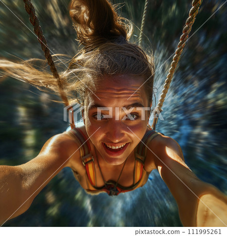Adventure holiday. Selfie shot during bungee jumping. Ropejumping woman having fun, extreme sports concept, embracing freedom, excitement and adrenaline rush. 111995261